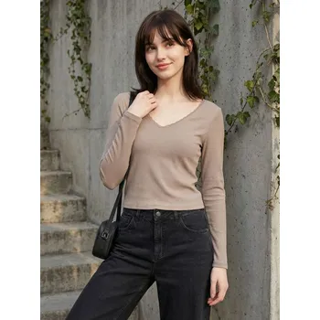 Dámská halenka Sinsay - Blůza s dlouhými rukávy a krajkou na výstřihu - hnědá - 534HC-84X - 534HC-84X-S