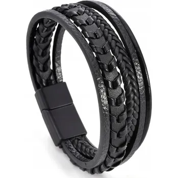 Náramek PÁNSKÝ NÁRAMEK KOŽENÝ ČERNÝ TROJITÝ ŘEMÍNEK OCEL