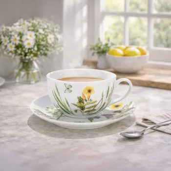 Gilde Porcelánové šálky s podšálky Divoké květy, sada 4 ks 497570