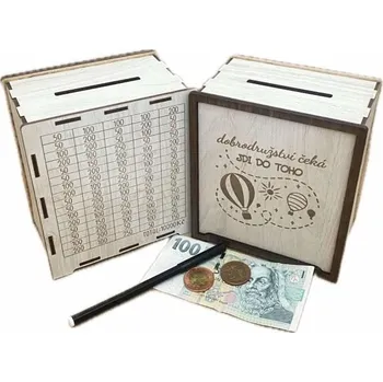 Pokladnička Dřevěná pokladnička se škrtacím polem "Dobrodružství čeká"