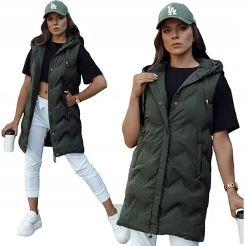 Dámská vesta DLOUHÁ DÁMSKÁ PROŠÍVANÁ VESTA S KAPUCÍ ZELENÁ ty4533 - M