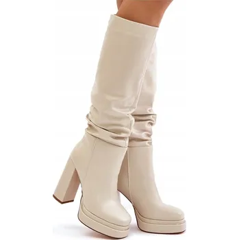 Dámské kozačky KOZAČKY NA PODPATKU A PLATFORMĚ ZATEPLENÉ NASOUVACÍ EKO KŮŽE SVĚTLE BÉŽOVÉ 41