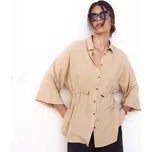 Košilová halenka se šňůrkou v pase a příměsí lnu béžová 40