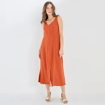 Dámské šaty Krepové midi šaty s 		hranatým výstřihem terakota 54