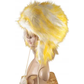 Čepice Čepice kožešinová ušanka pilotka EKOFUTRO ŽLUTÁ S BÍLOU