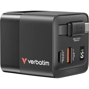 Verbatim GaN Charger 65 W cestovní nabíječka, Rychlonabíječka, GaN, s adaptérem pro Evropu, s britským adaptérem, s americkým adaptérem, 1x USB A , 1x USB-C®,