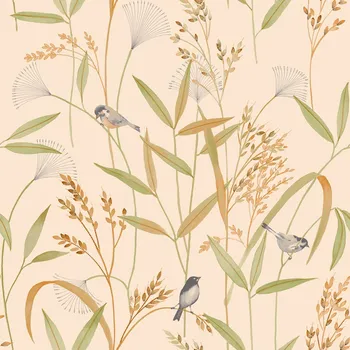 Tapeta Grandeco Vliesová tapeta na zeď, béžovo-zelená, luční trávy, ptáčci, A83501, Inia, Grandeco, velikost 10,05 x 0,53 m