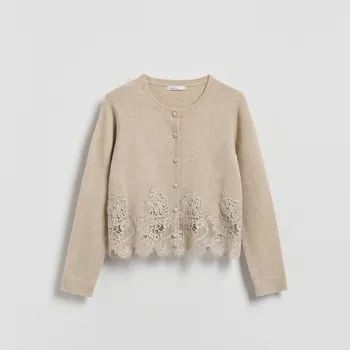 Dámský svetr Reserved - Kardigan s krajkovým lemem - béžová - 877IP-08M - 877IP-08M-XL