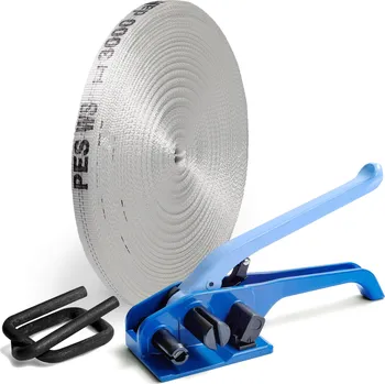 Obalový materiál UNIPACK Páskovací sada GAMA - těžké aplikace Sada: Páska a spona šíře 35 mm, pevnost pásky v tahu je 3000 kg, páskovač H 27Y2550