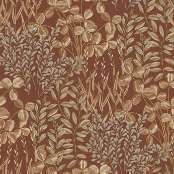 Tapeta Grandeco Vliesová tapeta na zeď, hnědo-červená, listy a trávy, A78902, Inia, Grandeco, velikost 10,05 x 0,53 m