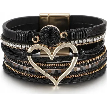 Náramek Černý kožený náramek s boho srdíčkem, dárek pro ni