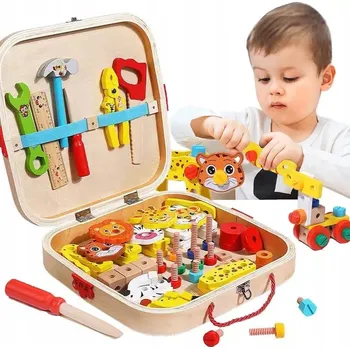 Dřevěná hračka Sada pro kutily - dřevěná dílna v kufříku s nářadím a zvířátky