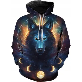 Pánská mikina Pánská mikina s kapucí VLK, Motiv Vlka a Fáze Měsíce 3D Potisk - 4XL