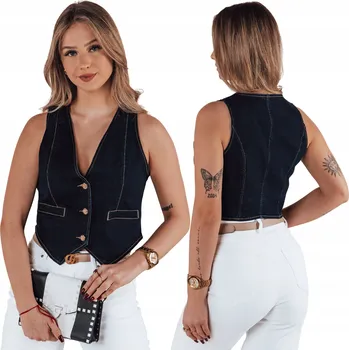 Dámská vesta Dámská krátká vesta se zapínáním na knoflíky, džínová, modrá TY4795 - L