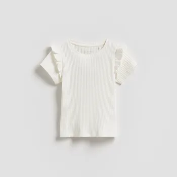 Dívčí oblečení Reserved - Tričko z&nbsp;žebrovaného úpletu s&nbsp;volánovými rukávy - krémová - 700HU-01X - 700HU-01X-98