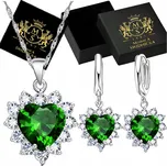 Stříbrná Sada 925 Smaragdová Srdce Zirkony Náušnice a Náhrdelník Dárek