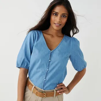 Džínová halenka na knoflíčky sepraná modrá 44