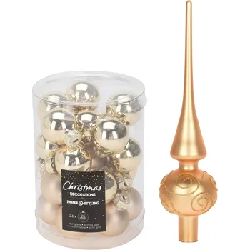 Vánoční dekorace H&L Set - Vánoční špička (sklo, 25 cm) + Sada ozdob 24 ks, ø 2,5 cm, lesklá/matná zlatá