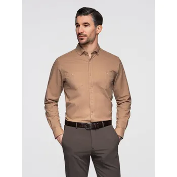 Pánská lněná košile s klasickým límcem a kapsami REGULAR FIT - světle hnědá V7 OM-SHCS-0134 - XL