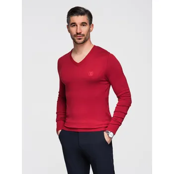 Pánské oblečení Pánský elegantní svetr BASIC s výstřihem do V a viskózou - červený V20 OM-SWBS-0107 - XXL
