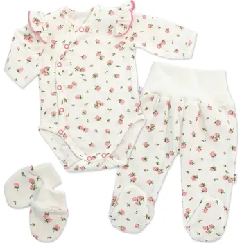 Kojenecká souprava MBaby Bavlněná 3D sada zavinovací body, polodupačky + rukavičky Amélie bílá/růžová Vel. 62