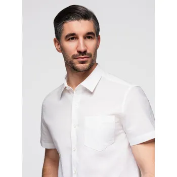Pánská košile Pánská košile s krátkým rukávem ze lnu/bavlny s kapsou - lomená bílá V1 OM-SHSS-0167 - XXL