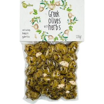 oliva Zelené řecké olivy ochucené bazalkou a česnekem 220g MY OLIVE