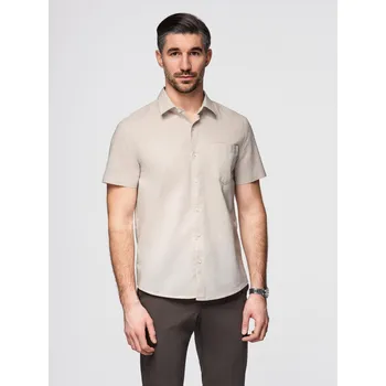 Pánské oblečení Pánská košile z bavlny a lnu s krátkým rukávem a kapsou - béžová V4 OM-SHSS-0167 - XL