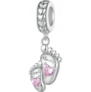 Přívěsek PŘÍVĚSEK CHARMS STŘÍBRO 925 Otisk Dětských Nohyček Máma Láska Růžová Srdíčka Chodidla