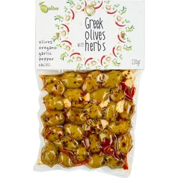 oliva Zelené řecké olivy ochucené oreganem, česnekem, chilli a kousky červené papriky 220g MY OLIVE