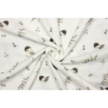 Dvojitá gázovina | mušelín - Květiny a ptáček