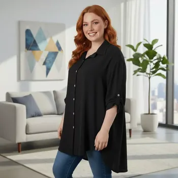 Dámská košile Dlouhá černá asymetrická košile Ála N1849