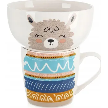 PORCELÁNOVÝ HRNEK S MISKOU PRO DĚTI, SNÍDAŇOVÁ SADA 2 KS, MOTIV LAMA