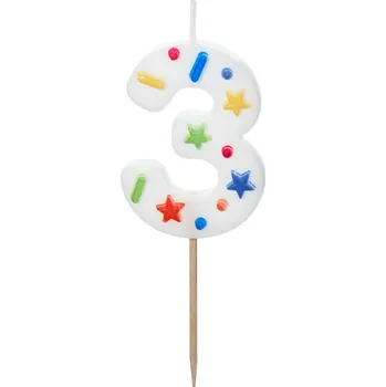 Dortová svíčka Svíčka na dort číslo 3 bílá s konfetami