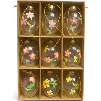Velikonoční dekorace Dekorativní vajíčka 9 kusů, 3x4 cm, průhledná s barevnými ozdobami, květiny