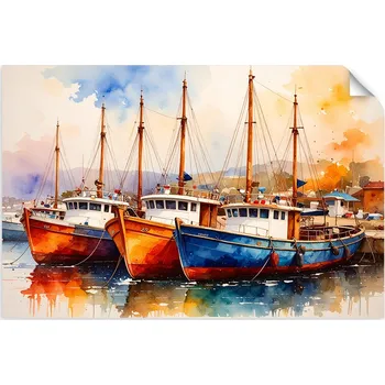 Obraz Samolepka na stěnu, Barevné Lodě a Plachetnice v přístavu 30x20