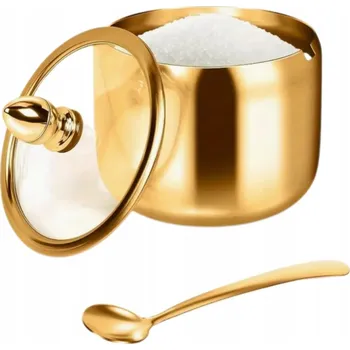 Cukřenka Cukr / koření / cukřenka GOLD s lžičkou, ocel + sklo