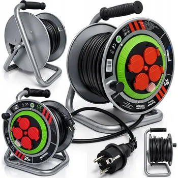 Prodlužovací kabel Ondragon Bubnový prodlužovací kabel 25 m, 3×2,5 mm², IP44, 4 zásuvky, kovový rám