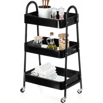 regál REGÁL NA KOLEČKÁCH KOVOVÝ ČERNÝ 3-PATROVÝ VOZÍK KUCHYŇSKÝ KOUPELNOVÝ