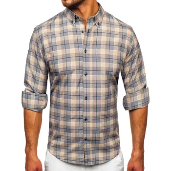 Pánské oblečení Béžová pánská kostkovaná košile s dlouhým rukávem Bolf 22748 - M