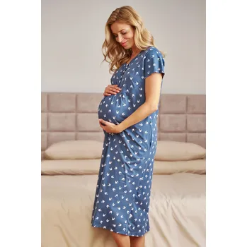 Těhotenská móda Dlouhá těhotenská a kojicí noční košile – tmavě modrá s vlaštovkami, bavlna Velikost: XL