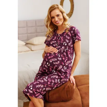 Těhotenská móda Dlouhá těhotenská a kojicí noční košile – fialová burgundy s lístky, bavlna Velikost: XL