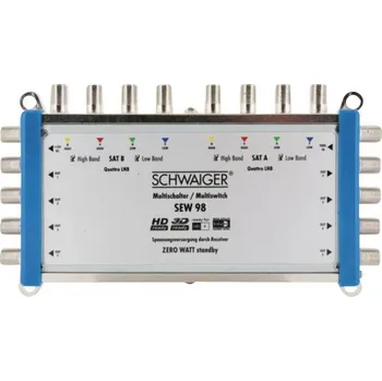 Anténní redukce Schwaiger SEW98 531 rozdělovač satelitního signálu Vstupy (vícenásobný spínač): 9 (8 SAT/1 terestrický) Počet účastníků: 8 Standby