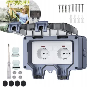 Elektrická zásuvka DVOJITÁ VENKOVNÍ ZÁSUVKA ELEKTRICKÁ ZAHRADNÍ VODOTĚSNÁ PRACHOTĚSNÁ