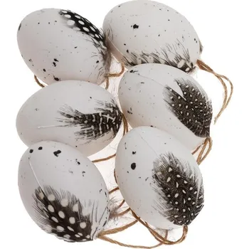 Velikonoční dekorace Ozdoba závesná vajíčko s perím 6cm sada 6 ks plast /248653