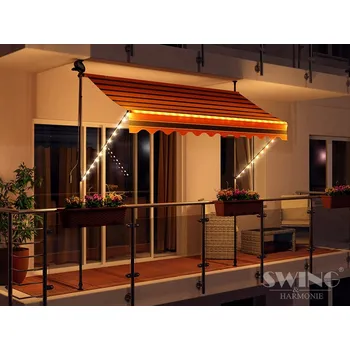 Markýza BALKÓNOVÁ/TERASOVÁ ZASTÍNĚNÍ MARKÝZA S LED OSVĚTLENÍM, UPEVNĚNÍ NA SVORKY, 200 cm, ČERNO-ORANŽOVÉ PRUHY