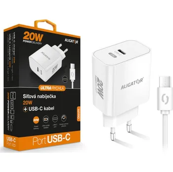 Chytrá síťová nabíječka ALIGATOR Power Delivery 20W, USB-C/USB-C kabel, bílá