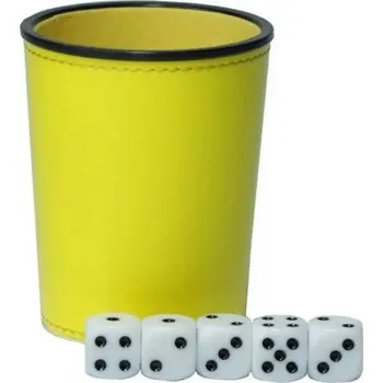 Hrací kostky 5 ks s kelímkem 9 x 7.5 x 6 cm Kožený vzhled Sada kostek pro herní večer rodinnou zábavu a společenské hry žlutá