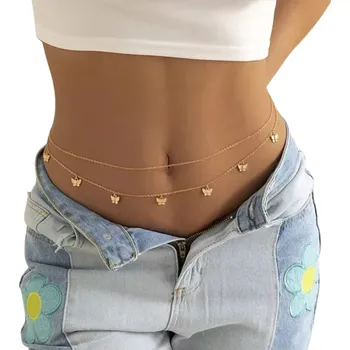 Náhrdelník Módní dvouvrstvý břišní řetízek kolem pasu 70 + 25 cm Dámský sexy tělový šperk Zlaté provedení Festivalový doplněk