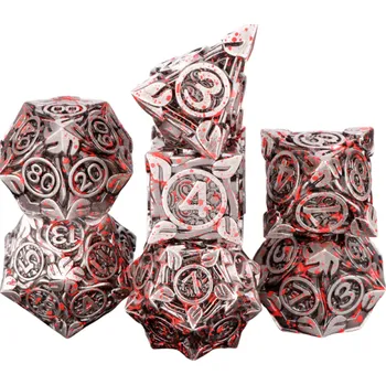 Hrací kostky 7 ks RPG Přírodní fantasy listy Sada kostek pro deskové hry Dračí doupě a roleplay systémy červená